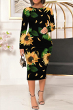 Black White Floral Print Contrast Round Neck Long Sleeve Prom Party Bodycorn Midi Dresses