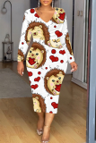 White Red Party Club Skinny Love Lips Print Contrast V Neck Long Sleeve Midi Dresses