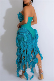 Red Skinny Party Club Ruffle Trim Backless Strapless Tassel Midi Tube Dresses