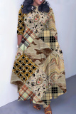 Blue Casual Geometric Pattern Print Belted Round Neck Three Quarter Sleeve A-line Long Swing Dresses