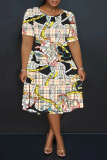 Dark Brown Casual Plaid Chain Print Leopard Contrast Round Neck Short Sleeve Loose Plus Size A-line Midi Dresses