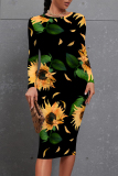 Black White Floral Print Contrast Round Neck Long Sleeve Prom Party Bodycorn Midi Dresses