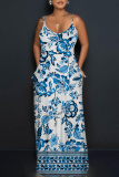 Rose Red African Leopard Floral Print Backless Spaghetti Strap Casual Vacation Long Maxi Slip Dresses
