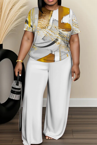 Light Grey Geometric Print Round Neck Short Sleeve T-shirt and Wide Leg Pants Two Pieces Trouser Sets