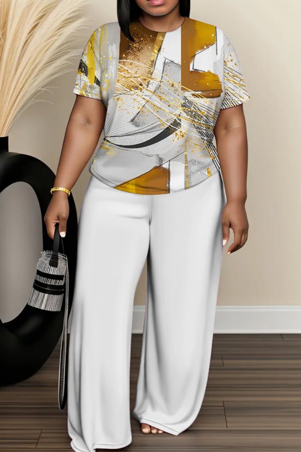 Light Grey Geometric Print Round Neck Short Sleeve T-shirt and Wide Leg Pants Two Pieces Trouser Sets