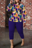 Dark Blue Abstract Geometric Print Round Neck Long Sleeve Tops and Pencil Pants Two Pieces Trouser Sets