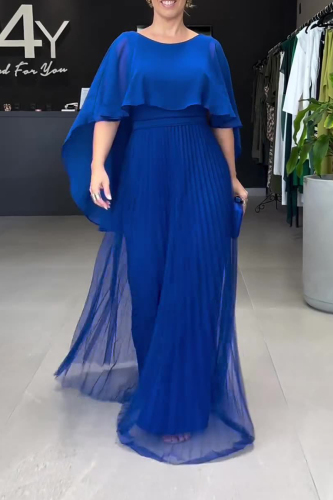 Purple Red Prom Party Club Ruffle Mesh Round Neck Shawl Sleeve Ball Gown Long Maxi Dresses