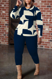Dark Blue Abstract Geometric Print Round Neck Long Sleeve Tops and Pencil Pants Two Pieces Trouser Sets