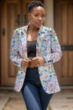 Green Casual Geometric Print Cardigan Turn-back Collar Long Sleeve Office Lady Blazer Suits