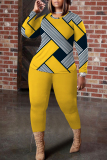 Dark Blue Abstract Geometric Print Round Neck Long Sleeve Tops and Pencil Pants Two Pieces Trouser Sets