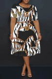 Dark Brown Casual Plaid Chain Print Leopard Contrast Round Neck Short Sleeve Loose Plus Size A-line Midi Dresses