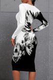 Black White Floral Print Contrast Round Neck Long Sleeve Prom Party Bodycorn Midi Dresses