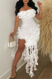 Red Skinny Party Club Ruffle Trim Backless Strapless Tassel Midi Tube Dresses