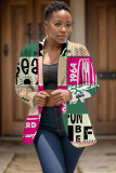 Green Casual Geometric Print Cardigan Turn-back Collar Long Sleeve Office Lady Blazer Suits