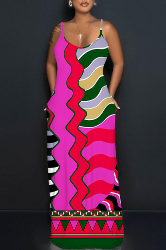 Rose Red African Leopard Floral Print Backless Spaghetti Strap Casual Vacation Long Maxi Slip Dresses