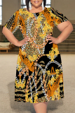 Dark Brown Casual Plaid Chain Print Leopard Contrast Round Neck Short Sleeve Loose Plus Size A-line Midi Dresses