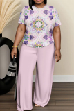 Light Grey Geometric Print Round Neck Short Sleeve T-shirt and Wide Leg Pants Two Pieces Trouser Sets