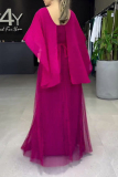Purple Red Prom Party Club Ruffle Mesh Round Neck Shawl Sleeve Ball Gown Long Maxi Dresses