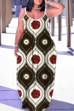 Apricot Floral Abstract Print Backless Spaghetti Strap Sleeveless Vacation Loose Long Maxi Slip Dresses