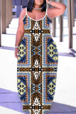 Apricot Floral Abstract Print Backless Spaghetti Strap Sleeveless Vacation Loose Long Maxi Slip Dresses