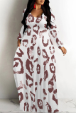 Leopard Print U Neck Long Sleeve Pocket Contrast Loose Vacation Maxi Dresses