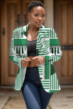 Green Casual Geometric Print Cardigan Turn-back Collar Long Sleeve Office Lady Blazer Suits