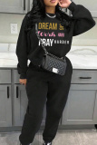 Black Sportwear Letter Print Round Neck Long Sleeve Sweatshirt and Pencil Sweatpants Fall Winter Two Pieces Sweatsuits Sets