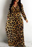 Leopard Print U Neck Long Sleeve Pocket Contrast Loose Vacation Maxi Dresses