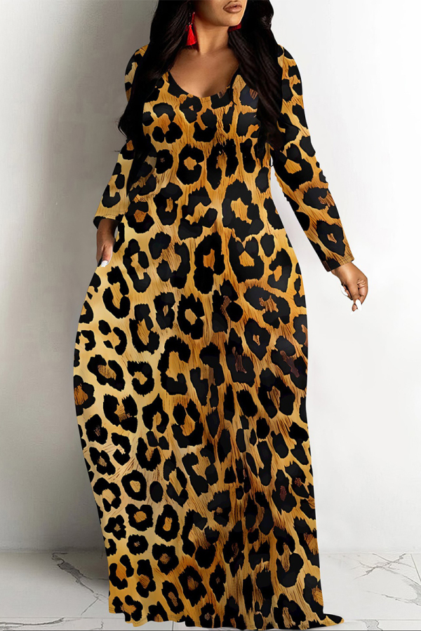 Leopard Print U Neck Long Sleeve Pocket Contrast Loose Vacation Maxi Dresses