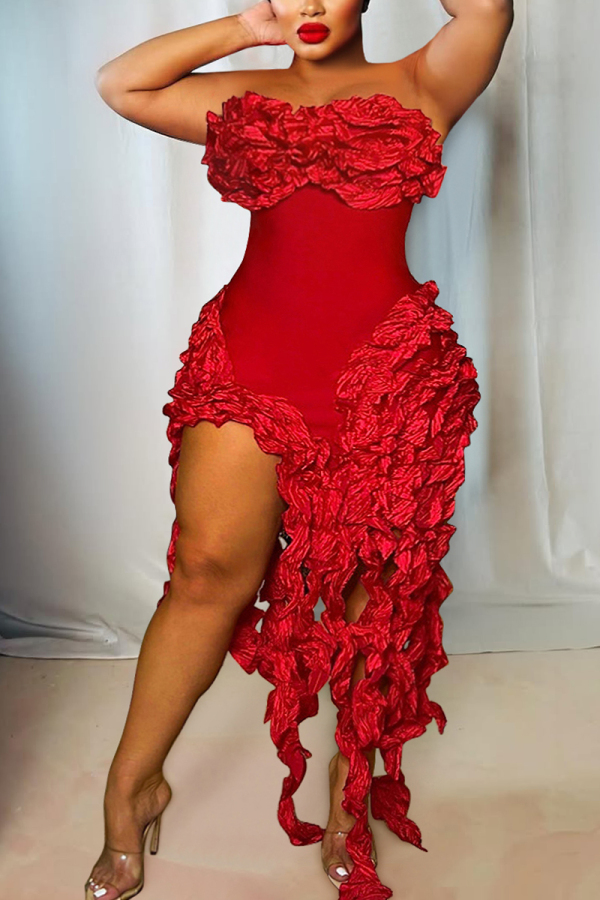 Red Skinny Party Club Ruffle Trim Backless Strapless Tassel Midi Tube Dresses