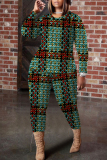 Blue Purple Plaid Geometric Print Round Neck Long Sleeve Tops and Pencil Pants Two Pieces Trouser Sets