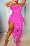 Red Skinny Party Club Ruffle Trim Backless Strapless Tassel Midi Tube Dresses