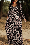 Leopard Print U Neck Long Sleeve Pocket Contrast Loose Vacation Maxi Dresses