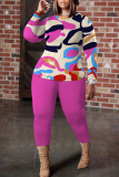 Dark Blue Abstract Geometric Print Round Neck Long Sleeve Tops and Pencil Pants Two Pieces Trouser Sets