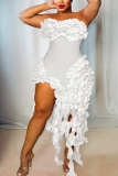 Red Skinny Party Club Ruffle Trim Backless Strapless Tassel Midi Tube Dresses