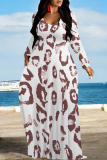 Leopard Print U Neck Long Sleeve Pocket Contrast Loose Vacation Maxi Dresses