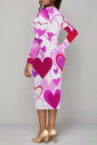 White Red Party Club Skinny Love Lips Print Contrast V Neck Long Sleeve Midi Dresses