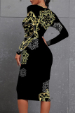 Black White Floral Print Contrast Round Neck Long Sleeve Prom Party Bodycorn Midi Dresses