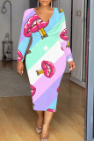 White Red Party Club Skinny Love Lips Print Contrast V Neck Long Sleeve Midi Dresses