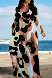 Leopard Print U Neck Long Sleeve Pocket Contrast Loose Vacation Maxi Dresses