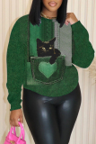 Dark Grey Casual Cat Print Round Neck Long Sleeve Sweatshirts Tops