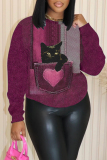 Dark Grey Casual Cat Print Round Neck Long Sleeve Sweatshirts Tops