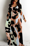 Leopard Print U Neck Long Sleeve Pocket Contrast Loose Vacation Maxi Dresses