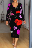 White Red Party Club Skinny Love Lips Print Contrast V Neck Long Sleeve Midi Dresses