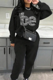 Black Sportwear Letter Print Round Neck Long Sleeve Sweatshirt and Pencil Sweatpants Fall Winter Two Pieces Sweatsuits Sets