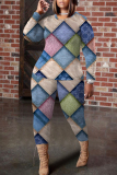 Blue Purple Plaid Geometric Print Round Neck Long Sleeve Tops and Pencil Pants Two Pieces Trouser Sets