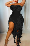 Red Skinny Party Club Ruffle Trim Backless Strapless Tassel Midi Tube Dresses