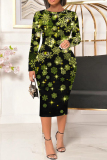 Black White Floral Print Contrast Round Neck Long Sleeve Prom Party Bodycorn Midi Dresses
