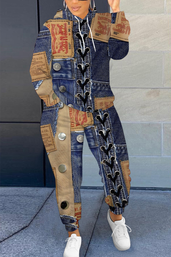 Denim Blue Sportwear Contrast Letter Cartoon Print Hooded Long Sleeve Sweatshirt and Sweatpants Fall Winter Two Pieces Sweatsuits Sets