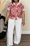 Light Grey Geometric Print Round Neck Short Sleeve T-shirt and Wide Leg Pants Two Pieces Trouser Sets